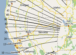 map showing elevation of Stardust fireball at various locations