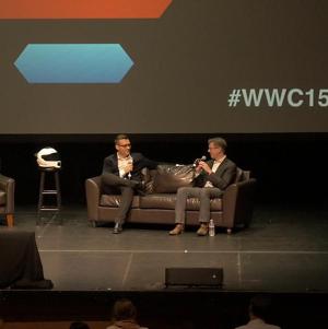 Skully CEO Marcus Weller and VentureBeat editor-in-chief Dylan Tweney onstage at Wearable World Congress.
