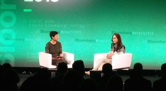 Former Cisco CTO Padmasree Warrior (right) speaks with Bloomberg's Stephanie Mehta.