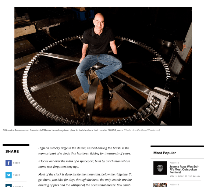 screenshot of WIRED story titled "How to Make a Clock Run for 10,000 Years," with a photo of Jeff Bezos sitting on a giant gear
