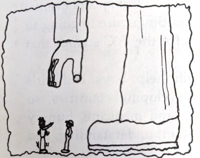 Simple drawing of a giant reaching down toward an unsuspecting person, while a second person trembles and points