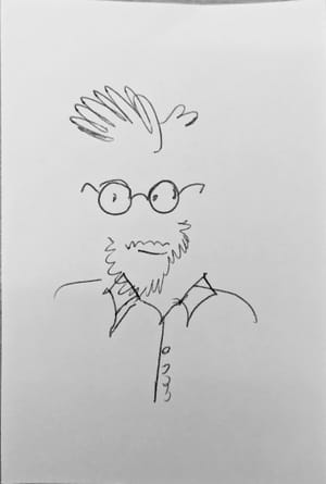 scribbly line drawing of a slightly smiling bearded man with messy hair, glasses, and a dress shirt