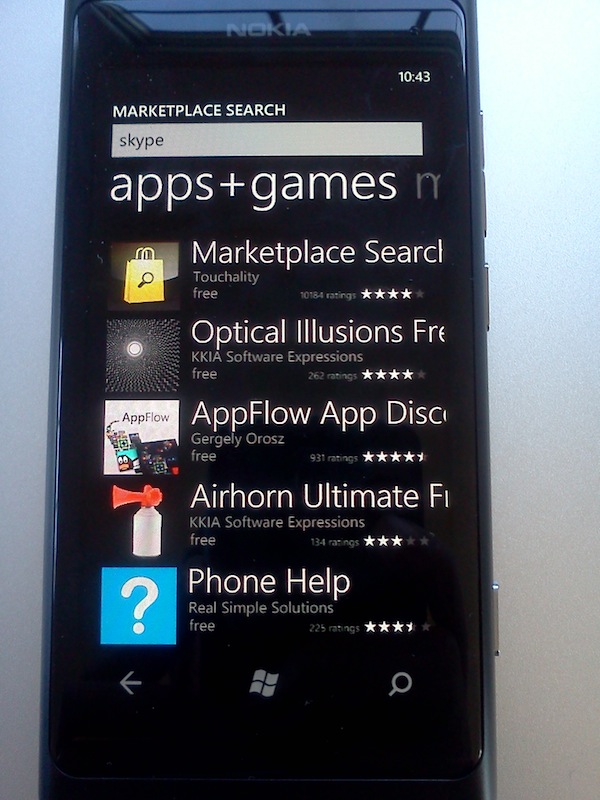 Windows Phone Marketplace search for "skype"