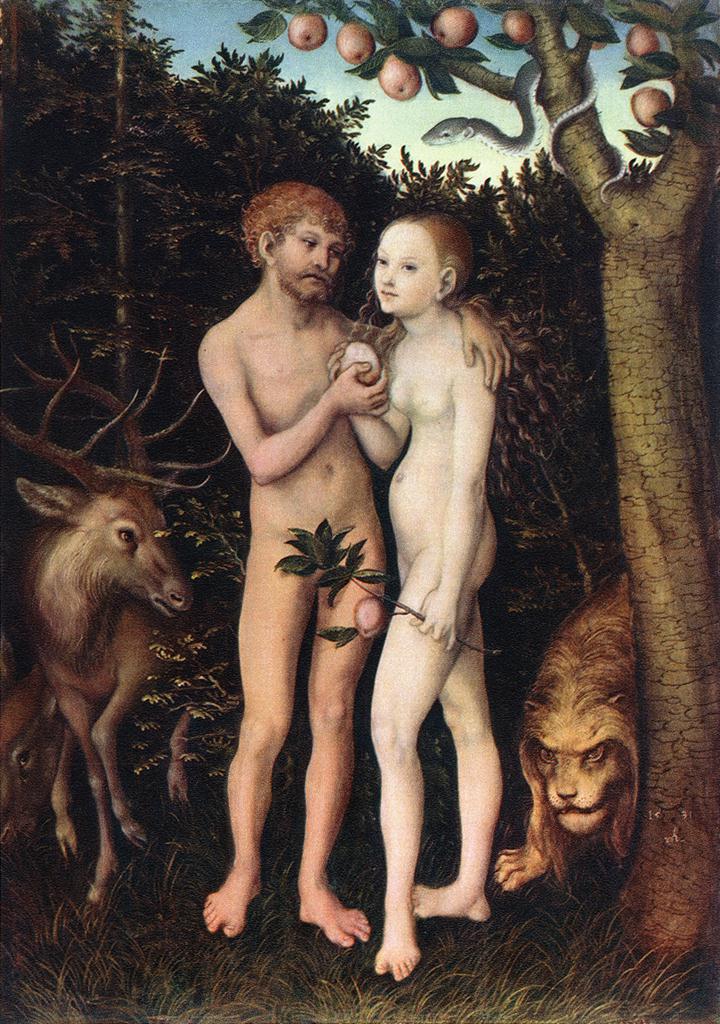 Hot nude action, medieval style. Painting of "Adam and Eve" by Lucas Cranach the Elder, from 1533.