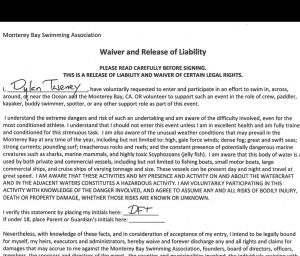 Excerpt of a safety waiver for the pier-to-pier swim from MBSA