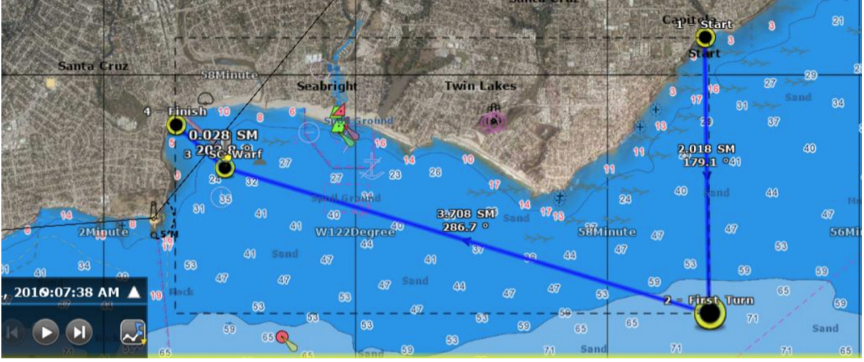 nautical chart showing the course from Capitola to Santa Cruz